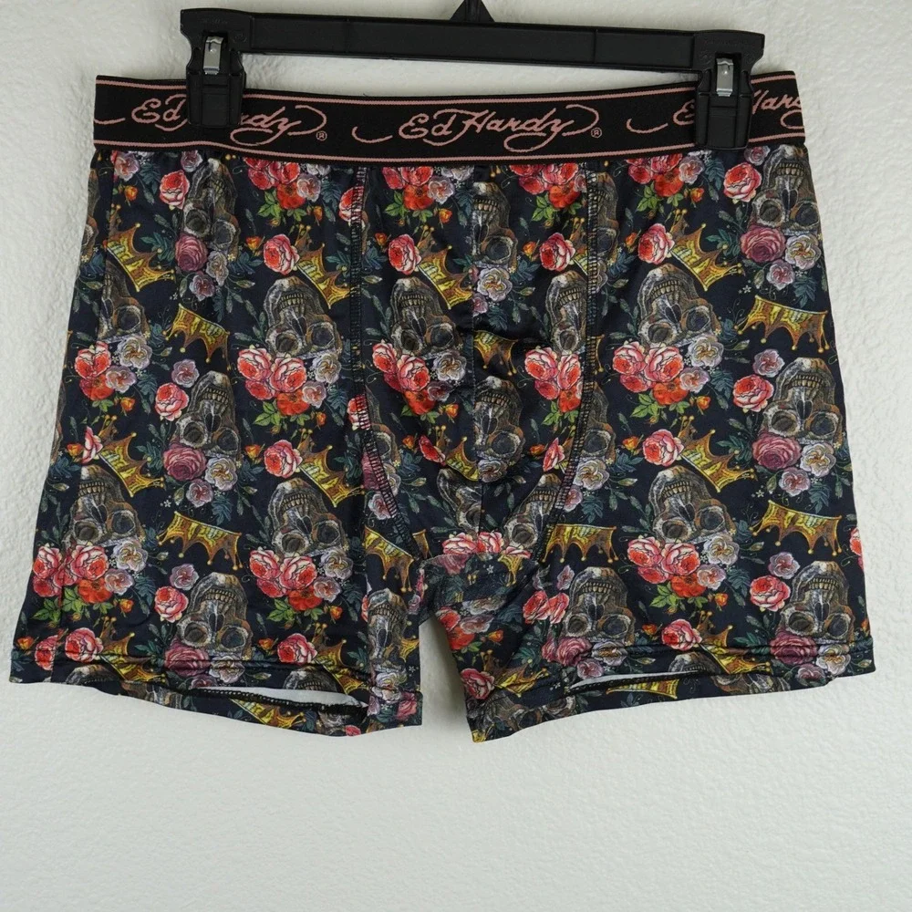 NWOT Ed Hardy Mens Boxer Briefs Skull Rose Crown Print Elastic Waistband Size XL